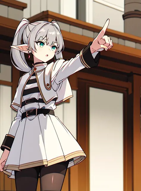 masterpiece, best quality, ssfrieren, 1girl, solo, pointy ears, twintails, green eyes, black pantyhose, belt, white capelet, white dress, long sleeves, striped shirt, grey hair, medium hair, objection, ace attorney, pointing, <lora:frieren_sd_v2:1.1> <lora:objection:0.7>