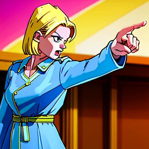 <lora:android18DragonBall_one:1>,low-angle-shot, android 18, best quality, 1 girl, full-length portrait,perfect hands, fighting,intricate details,chromatic aberration, <lora:objectionAceAttorney_objection:1>,blond hair,(realistic, photo-realistic:1.37),objection