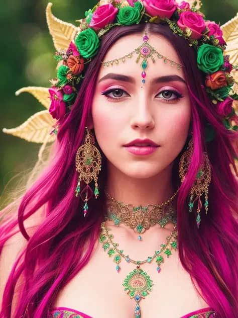 A psychedelic dream vision of a beautiful Elf queen, long dress, (psychedelic patterns), fantasy, (high detailed skin:1.2), intricate details, depth of field, 8k uhd, dslr, soft lighting, high quality, film grain, Fujifilm XT3