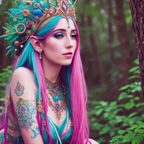 A psychedelic dream vision of a beautiful Elf queen, long dress, (psychedelic patterns), fantasy, (high detailed skin:1.2), intricate details, depth of field, 8k uhd, dslr, soft lighting, high quality, film grain, Fujifilm XT3