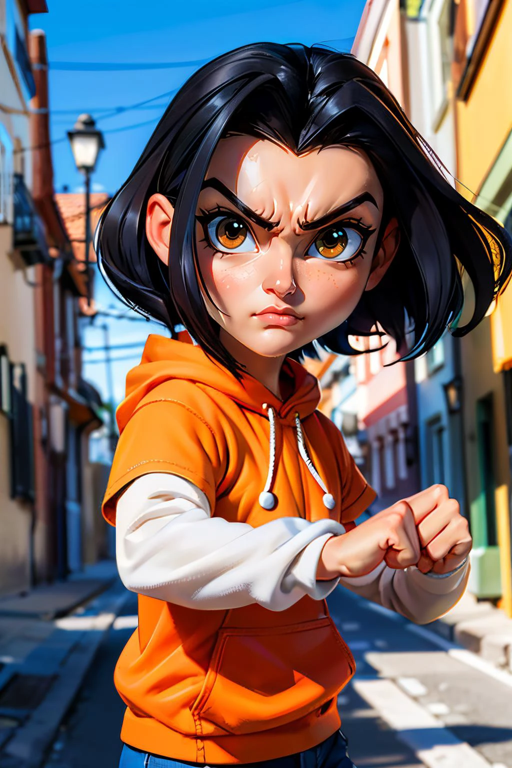 jadechan, short black hair, brown eyes, orange hoodie, short sleeves, white long sleeves, blue pants, looking at viewer, serious, angry, upper body shot, fighting pose, fists, outside, street, alley, town, blue sky, high quality, masterpiece, <lora:Jade:.8>