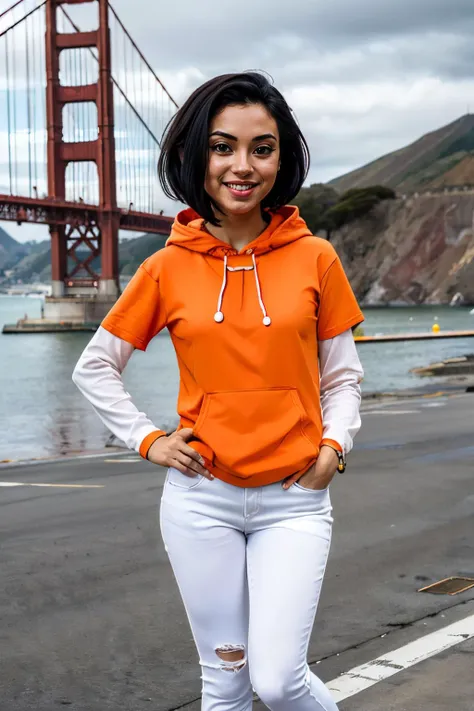 jadechan, short black hair, brown eyes, orange hoodie, short sleeves, white long sleeves, blue pants, looking at viewer, smiling, standing, hands on hips, outside, park, golden gate bridge, overcast, san francisco, high quality, masterpiece, <lora:Jade:.8>