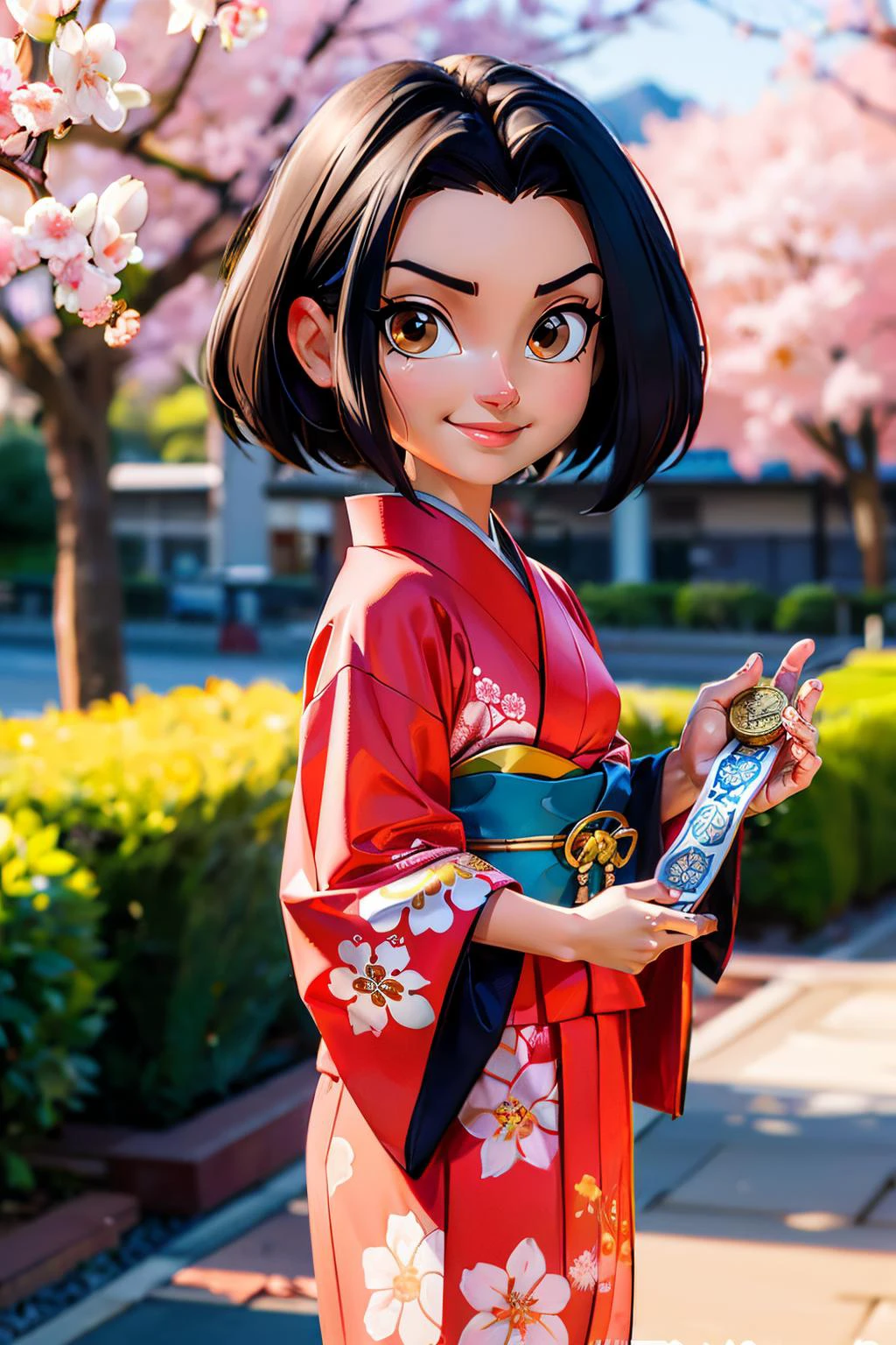 jadechan, short black hair, brown eyes, traditional kimono, sash, rolled sleeves, looking at viewer, serious, smiling, standing, holding coin, outside, garden, cherry blossom, dusk, mountain, high quality, masterpiece, <lora:Jade:.8>