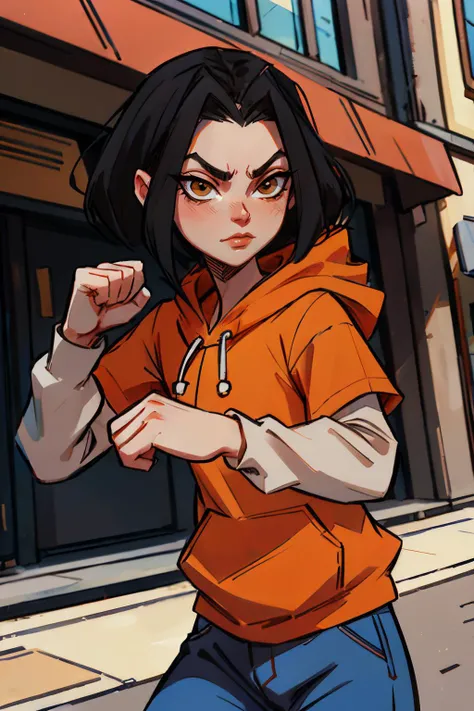 jadechan, short black hair, brown eyes, orange hoodie, short sleeves, white long sleeves, blue pants, looking at viewer, serious, fighting pose, fists, outside, street, china town, overcast, high quality, masterpiece, <lora:Jade:.8>