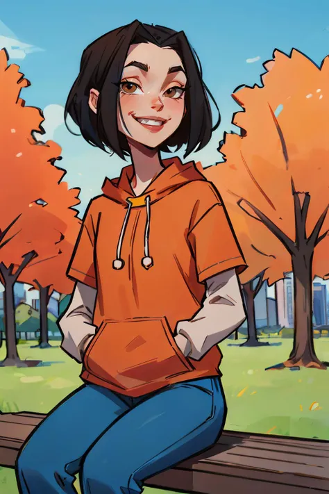 jadechan, short black hair, brown eyes, orange hoodie, short sleeves, white long sleeves, blue pants, looking at viewer, smiling, teeth, sitting, on bench, hands in pockets, outside, park, trees, cityscape, blue sky, high quality, masterpiece, <lora:Jade:.8>