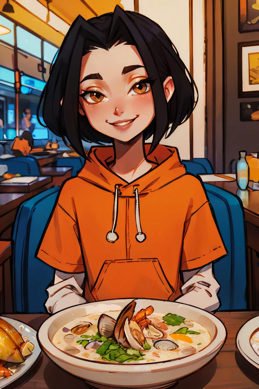 jadechan, short black hair, brown eyes, orange hoodie, short sleeves, white long sleeves, looking at viewer, smiling, upper body shot, sitting, behind table, inside restaurant, table full of food, clam chowder, lobster, high quality, masterpiece, <lora:Jade:.8>