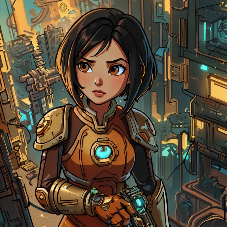 (jadechan (short black hair, brown eyes, hong konger:1.10) wearing (orange clothes with white trim:1.10) <lora:JadeChan-10v6:0.8>) <lora:LORA-XenoDetailer-v3A:0.375> JaOran,, BREAK style-rustmagic, portrait, solo, (full body:0.6), looking up, detailed background, detailed face, (<lora:GoldenTech:0.6>, golden, reflective, goldentech theme:1.1), warhammer 40k space marine, face, adeptus astartes, wearing Rose Brown heavy power-armor, battle-worn equipment, chainsword weapon, grenades, tabard, augmented, warp powers, psychic aura, psionic magical abilities, exterminatus in background, intense atmosphere,