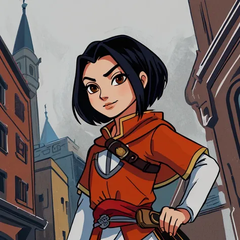 (jadechan (short black hair, brown eyes, hong konger:1.10) wearing (orange clothes with white trim:1.10) <lora:JadeChan-10v6:0.8>) <lora:LORA-XenoDetailer-v3A:0.375> JaOran, <lora:GoodHands-beta2:1>, smirk,, BREAK portrait, (bloody scars:0.7), looking up, solo, from front, front view, (full body:0.6), detailed background, pirate theme, focusing, assassins creed, master assassin,  white tattered  assassin clothes,  cloak, leather pouches, small knives,  undercover, dynamic pose,  castle walls in background, floating particles, dust, wind,