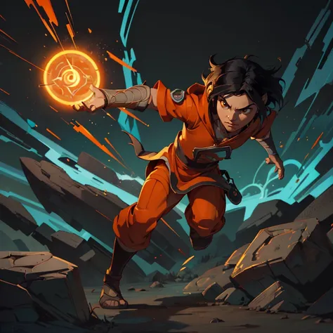 (jadechan (short black hair, brown eyes, hong konger:1.10) wearing (orange clothes with white trim:1.10) <lora:JadeChan-10v6:0.8>:1.10) JaOran, dynamic action scene, complex lighting, (atmosphere:1.10), coherent, continuity, epic, sharp lines, (flat colors:1.2), BREAK   solo, from front, front view, half shot, looking away, detailed background, detailed face, (<lora:ZonaiAIv8:0.6>, ZonaiAI theme:1.1), dirt-sorcerer,  crystalline eyes, determined expression, dynamic movement, black rock-themed robes, mineral medallion, causing seismic waves, surrounded by levitating particles, rocks,    emanating  geothermic aura, geomancy shockwave pulsating through the ground, molten earth in background, backlighting, wind, updraft, earthy color palette, cinematic atmosphere,