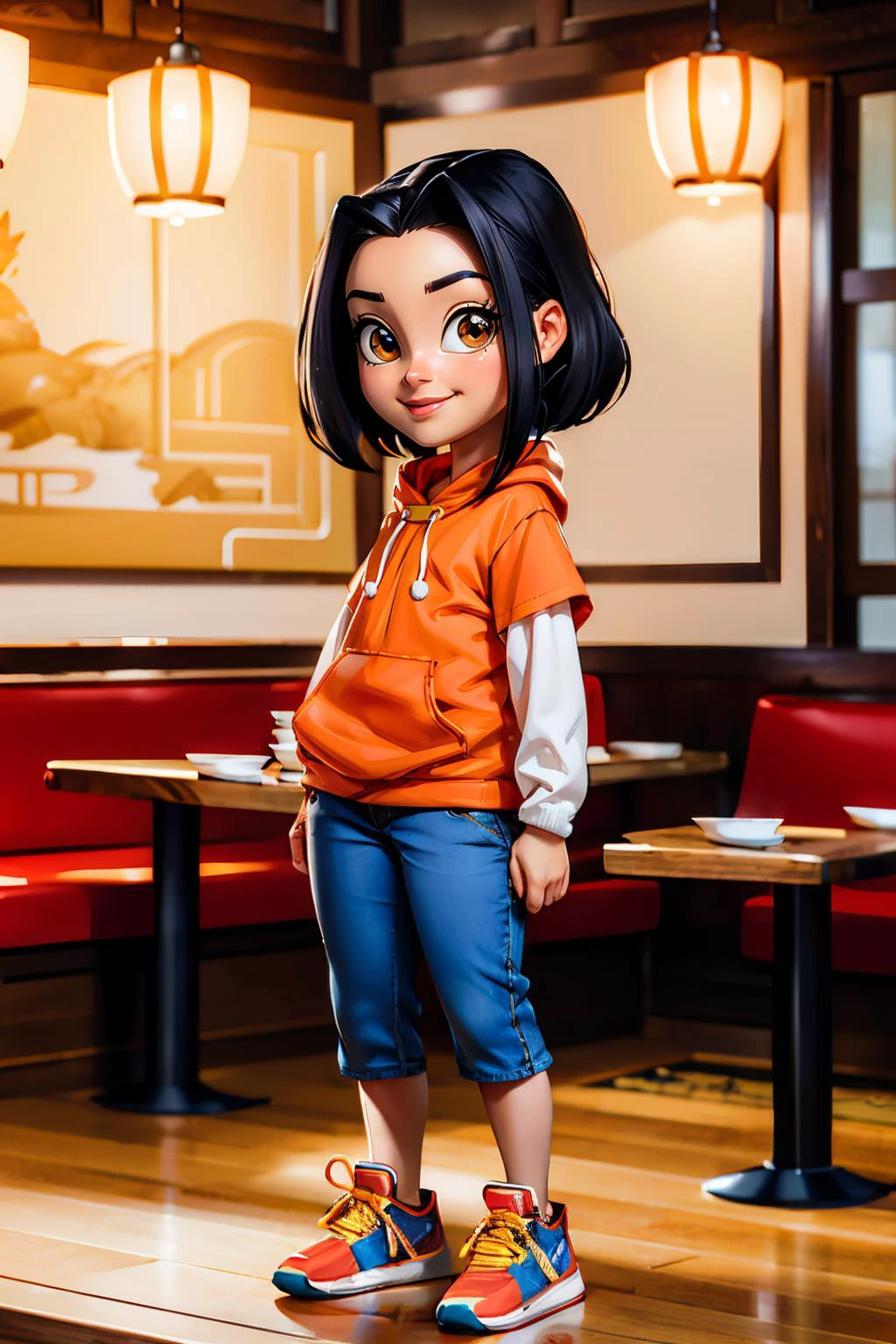 jadechan, short black hair, brown eyes, orange hoodie, short sleeves, white long sleeves, sneakers, blue pants, looking at viewer, smiling, full body shot, standing, inside chinese restaurant, soft lighting, high quality, masterpiece, <lora:Jade:.8>