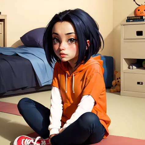 jadechan, short black hair, brown eyes, orange hoodie, short sleeves, white long sleeves, blue jeans pants, looking at viewer, shy, masterpiece, full length, lying on the ground, Torn clothes, cum on pants, cum on hair, cum on face, crying, cute