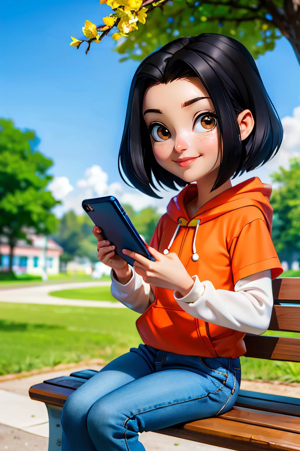 jadechan, short black hair, brown eyes, orange hoodie, short sleeves, white long sleeves, blue pants, sneakers, looking at viewer, smiling, sitting, on bench, holding cell phone, outside, park, trees, blue sky, flowers, high quality, masterpiece, <lora:Jade:.8>