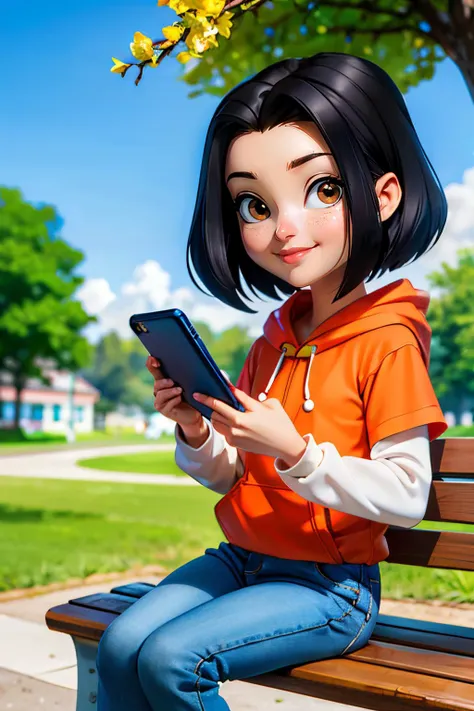 jadechan, short black hair, brown eyes, orange hoodie, short sleeves, white long sleeves, blue pants, sneakers, looking at viewer, smiling, sitting, on bench, holding cell phone, outside, park, trees, blue sky, flowers, high quality, masterpiece,  <lora:Jade:.8>