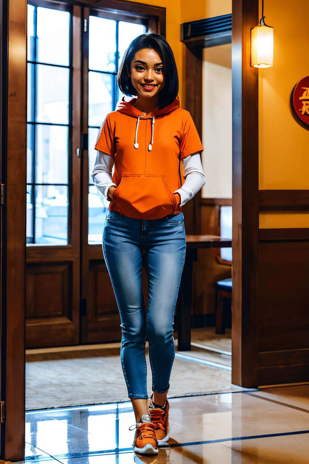 jadechan, short black hair, brown eyes, orange hoodie, short sleeves, white long sleeves, sneakers, blue pants, looking at viewer, smiling, full body shot, standing, inside chinese restaurant, soft lighting, high quality, masterpiece, <lora:Jade:.8>