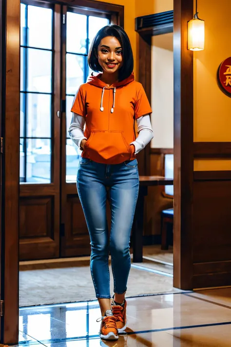 jadechan, short black hair, brown eyes, orange hoodie, short sleeves, white long sleeves, sneakers, blue pants, looking at viewer, smiling, full body shot, standing, inside chinese restaurant, soft lighting, high quality, masterpiece, <lora:Jade:.8>