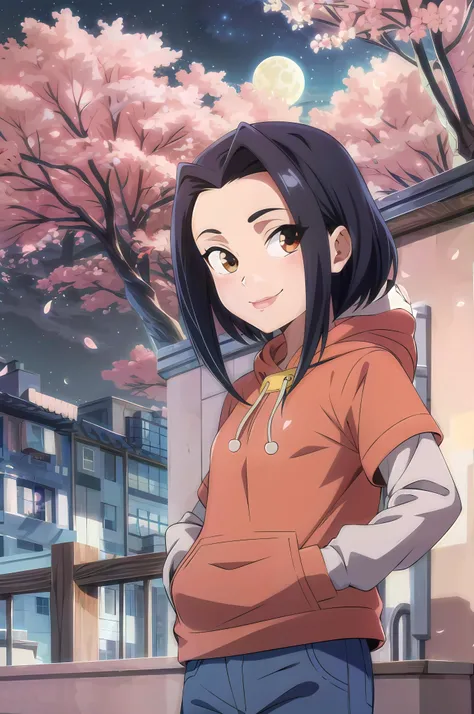 (masterpiece,best quality,highres:1.1),<lora:Jade:0.9>,jadechan,JaOran,orange hoodie,short sleeved hoodie,white long sleeves,hood down,sneakers,blue pants,or jeans,hands in pockets,1girl,solo,(small breasts:1.2),short hair,black hair,cowboy shot,charming posing,<lora:add_detail:0.6>,looking at viewer,cherry blossoms,cloud,full moon,looking at viewer,night,night sky,rooftop,sky,skyscraper,smile,solo,stage,star sky,starry sky,upper body,close-up,