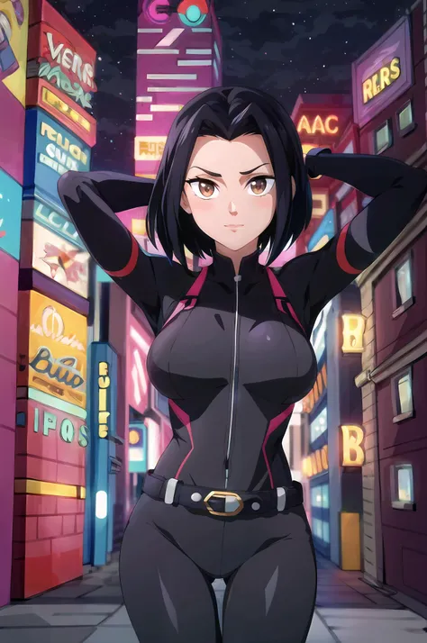 (masterpiece,best quality,highres:1.1),<lora:Jade:0.9>,jadechan,JaBSuit,black fingerless gloves,(black bodysuit:1.3),black belt,straps,1girl,solo,(medium breasts:1.2),short hair,black hair,thigh gap,cowboy shot,charming posing,<lora:add_detail:0.6>,looking at viewer,arms behind head,city,skyscraper,night sky,neon lights,no humans,background,