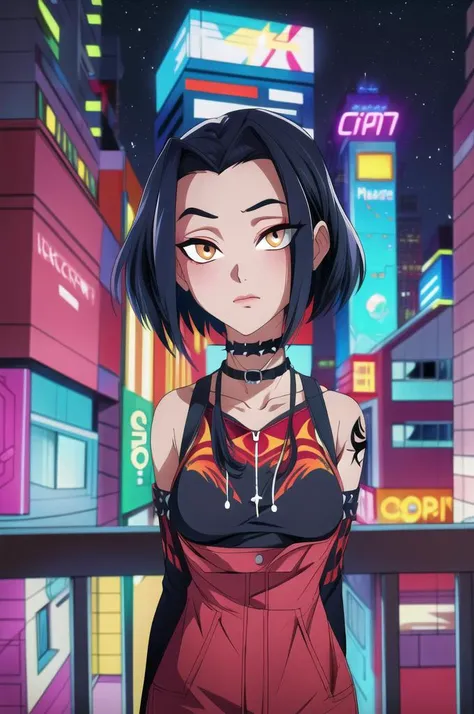 (masterpiece,best quality,highres:1.1),<lora:Jade>,jadechan,1girl,solo,(medium breasts:1.2),short hair,black hair,(chocker:1.1),(punk clothes:1.1),cowboy shot,charming posing,<lora:add_detail:0.6>,looking at viewer,arms behind head,city,skyscraper,night sky,neon lights,no humans,background,<lora:punk_v0.2:1>,(punk:1.1),(orange eyes:0.9),close-up,arn tattoo,