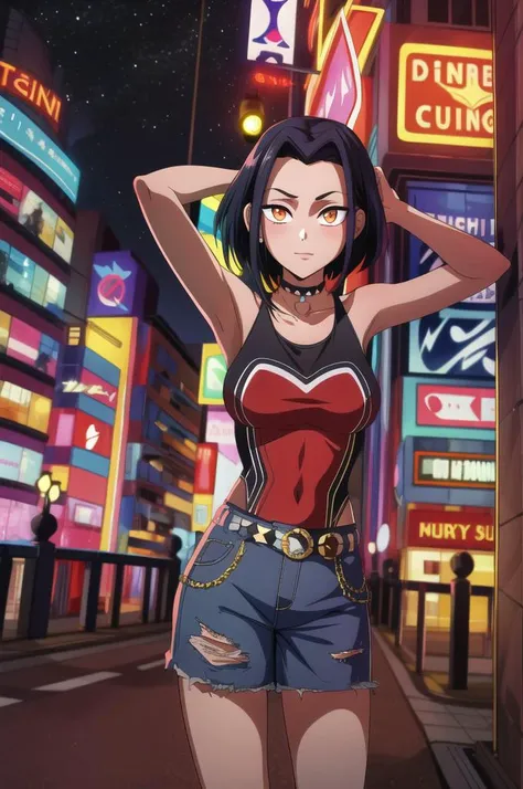 (masterpiece,best quality,highres:1.1),<lora:Jade:0.9>,jadechan,1girl,solo,(medium breasts:1.2),short hair,black hair,chocker,punk clothes,cowboy shot,charming posing,<lora:add_detail:0.6>,looking at viewer,arms behind head,city,skyscraper,night sky,neon lights,no humans,background,<lora:punk_v0.2:1>,punk,(orange eyes:0.9),