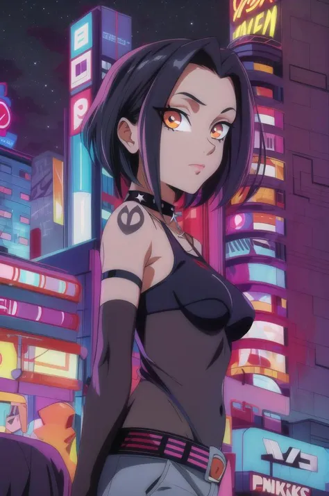 (masterpiece,best quality,highres:1.1),<lora:Jade:0.9>,jadechan,1girl,solo,(medium breasts:1.2),short hair,black hair,(chocker:1.1),(punk clothes:1.1),cowboy shot,charming posing,<lora:add_detail:0.6>,looking at viewer,arms behind head,city,skyscraper,night sky,neon lights,no humans,background,<lora:punk_v0.2:1>,(punk:1.1),(orange eyes:0.9),close-up,
