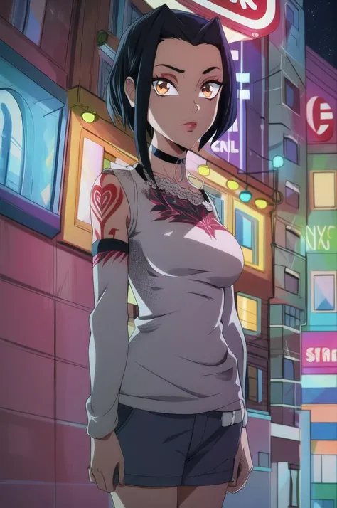 (masterpiece,best quality,highres:1.1),<lora:Jade>,jadechan,1girl,solo,(medium breasts:1.2),short hair,black hair,(chocker:1.1),(punk clothes:1.1),cowboy shot,charming posing,<lora:add_detail:0.6>,looking at viewer,arms behind head,city,skyscraper,night sky,neon lights,no humans,background,<lora:punk_v0.2:1>,(punk:1.1),(orange eyes:0.9),close-up,arn tattoo,