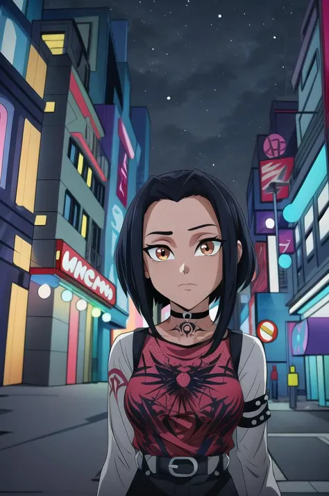 (masterpiece,best quality,highres:1.1),<lora:Jade>,jadechan,1girl,solo,(medium breasts:1.2),short hair,black hair,(chocker:1.1),(punk clothes:1.1),cowboy shot,charming posing,<lora:add_detail:0.7>,looking at viewer,arms behind head,city,skyscraper,night sky,neon lights,no humans,background,<lora:punk_v0.2:1>,(punk:1.1),(orange eyes:0.9),close-up,arn tattoo,
