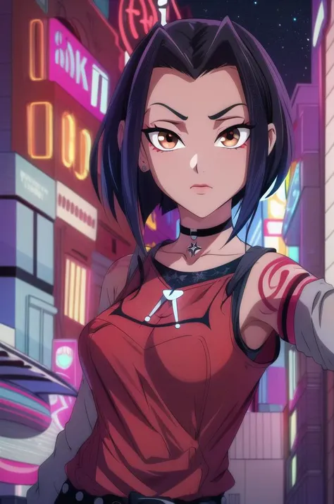(masterpiece,best quality,highres:1.1),<lora:Jade>,jadechan,1girl,solo,(medium breasts:1.2),short hair,black hair,(chocker:1.1),(punk clothes:1.1),cowboy shot,charming posing,<lora:add_detail:0.7>,looking at viewer,arms behind head,city,skyscraper,night sky,neon lights,no humans,background,<lora:punk_v0.2:1>,(punk:1.1),(orange eyes:0.9),close-up,arn tattoo,