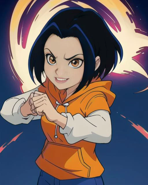 Jade, short black hair, brown eyes,  fighting stance,  smiling,  upper body,  closed fists,  solo,  lips, 
JaOran, orange hoodie, short sleeved hoodie, white long sleeves, hood down, sneakers , blue pants, 
cartoon Hong Kong,  morning, 
(insanely detailed, beautiful detailed face, masterpiece, best quality) cinematic lighting,
 <lora:Jade:0.7>