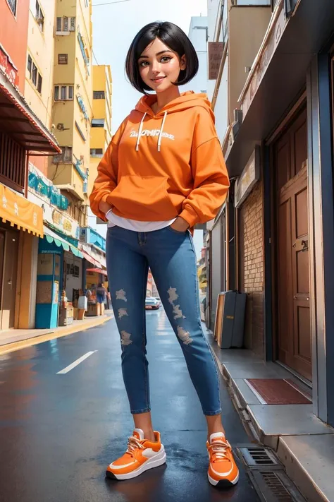 professional photo of Jade, short black hair, brown eyes, hands in pockets, upper body, smiling, JaOran, orange short sleeved hoodie, white long sleeves, hood down, sneakers , blue pants, cartoon Hong Kong, morning,
detailed skin, detailed eyes, finely detailed hair,
volumetric light, highrez, masterpiece, best quality,
<lora:Jade-10:0.48:MIDD>