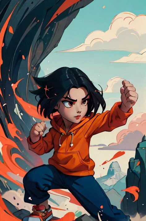 AS-YoungerV2 <lora:Jade:0.7> Jade, JaOran, JaOran, orange hoodie, short sleeved hoodie, (white long sleeves:1.2), hood down, sneakers , blue pants, short black hair, brown eyes, 0.5::(style-swirlmagic:0.7), looking at viewer, solo, half shot, detailed background, detailed face, (<lora:Dra9onScaleAI:0.5>, Dr490nSc4leAI theme:1.1), hair flowing in the wind, martial artist, dynamic pose, fighting stance, clenched fist, , mountainous landscape in background, swirling floating particles, dust cloud, dynamic composition, mystical eastern medieval atmosphere,, (masterpiece, best quality, high quality, highres, ultra-detailed)