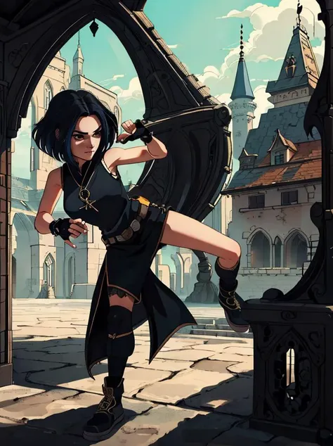 <lora:Jade:0.7> Jade, JaOran, short black hair, brown eyes, looking at viewer, solo, half shot, detailed background, detailed face, (<lora:GothicHorrorAI:0.5>, gothichorrorai, gothic theme:1.1), hair flowing in the wind, monk, dynamic pose, fighting stance, clenched fist, hitting, fingerless gloves, dragon themed clothes, sleeveless fighter clothes, underground cellar in background, dust cloud, depth of field, dynamic composition, mystical eastern medieval atmosphere,, (masterpiece, best quality, high quality, highres, ultra-detailed)