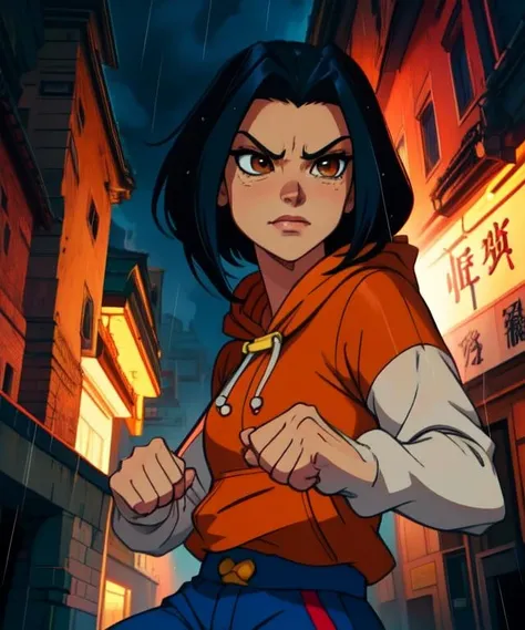 Jade, short black hair, brown eyes, fighting stance, smug expression, upper body, closed fists, solo,
aOran, orange short sleeved hoodie, white long sleeves,  sneakers , blue pants,
raining, hood up, 
 cartoon Hong Kong,  mature,  nighttime, 
 (insanely detailed, beautiful detailed face, masterpiece, best quality) cinematic lighting, anime, 
 <lora:Jade-10v2:0.8>