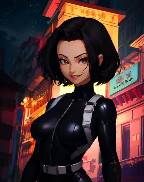 jadechan, short black hair, brown eyes, upper body,  standing, 
smiling,black fingerless gloves, (black bodysuit), black belt, straps, cartoon Hong Kong, mature, nighttime, 
 (insanely detailed, beautiful detailed face, masterpiece, best quality)
 <lora:JadeChan-10v6:0.8>