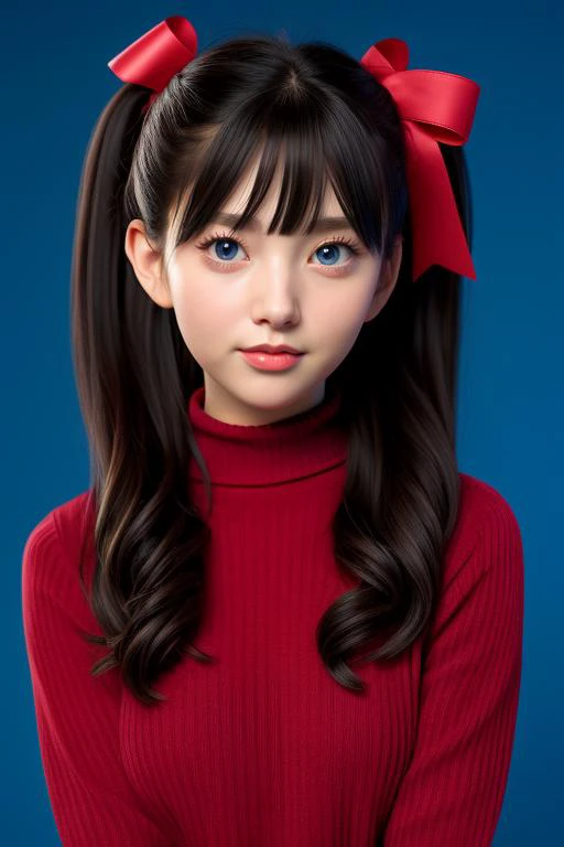 1girl, tohsaka rin, solo, long hair, sweater, red sweater, looking at viewer, blue background, black hair, simple background, two side up, turtleneck, blue eyes, lips, closed mouth, ribbon, hair ribbon, bangs, turtleneck sweater, upper body, parted bangs, black ribbon, ribbed sweater, twintails, nose,
<lora:3DMM_V12:1>