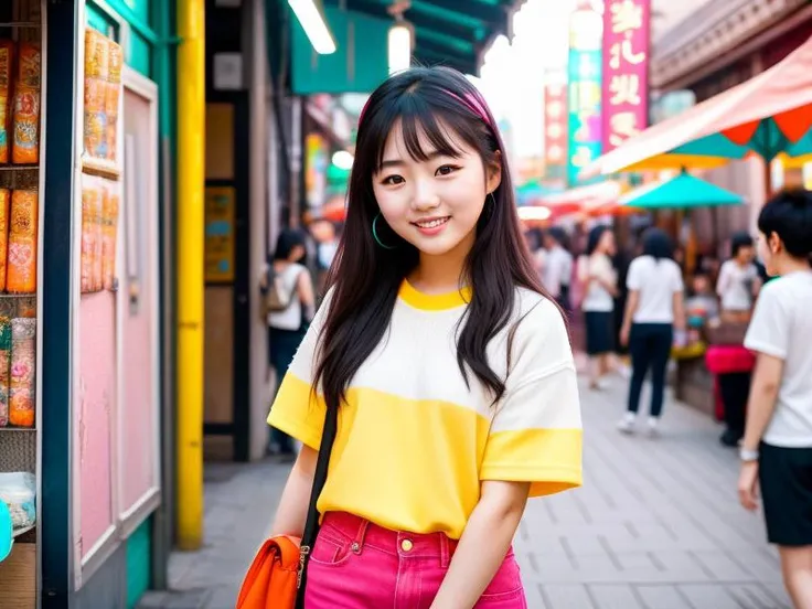 Vibrant Korean girl, radiating youthful energy and joy, exploring a colorful street market filled with street food and vibrant trinkets, trendy fashion sense, bustling cityscape with neon lights and bustling crowds, playful sunlight filtering through the alleys, dynamic street photography style, capturing the vibrant spirit of youth in lively 4K quality