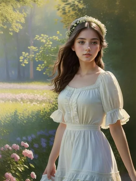 1girl, medium breasts, gown, detailed face, An Impressionist-style painting featuring a carefree brunette girl, Impressionism Art Style, Inspiration from Claude Monet, Sunlit Ambiance, High Detail (8K), Medium Telephoto Lens, Front View, Expressive Brushwork