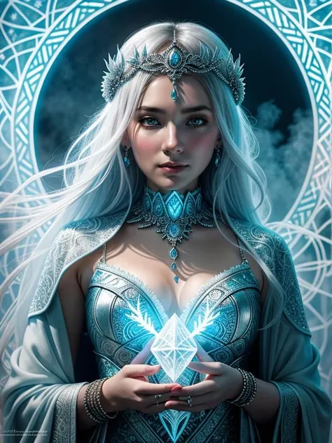 Beautiful goddess of ice, wearing a circlet of smoke, frost magic, intricately designed gothic, glim light, style of Alex grey, Laurie Greasley and Satoshi Kon, atmospheric, highly detailed, dramatic lighting, by mohrbacher and alphonse mucha, trending on artstation