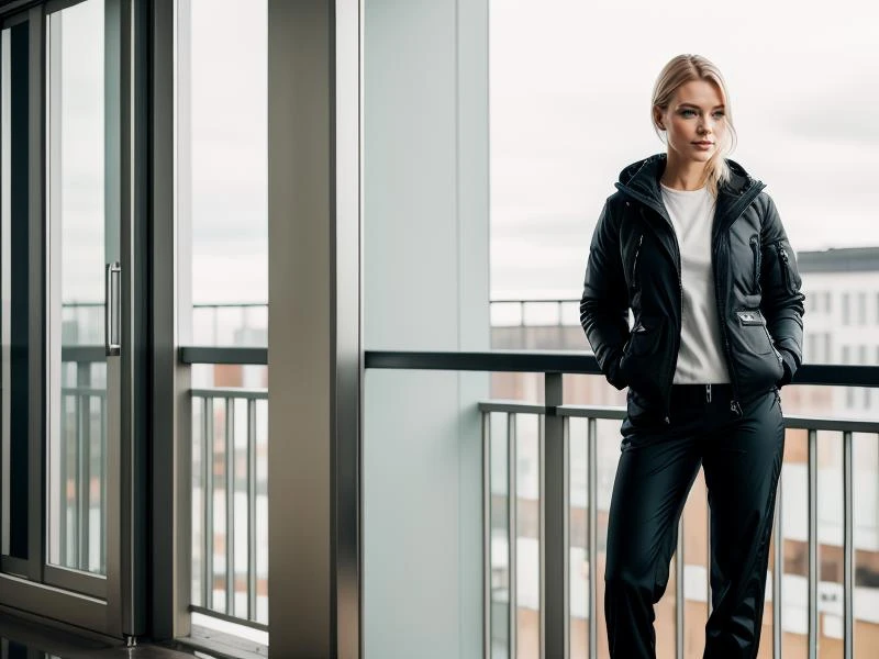 Finnish woman wearing a jacket and pants, standing in the balcony