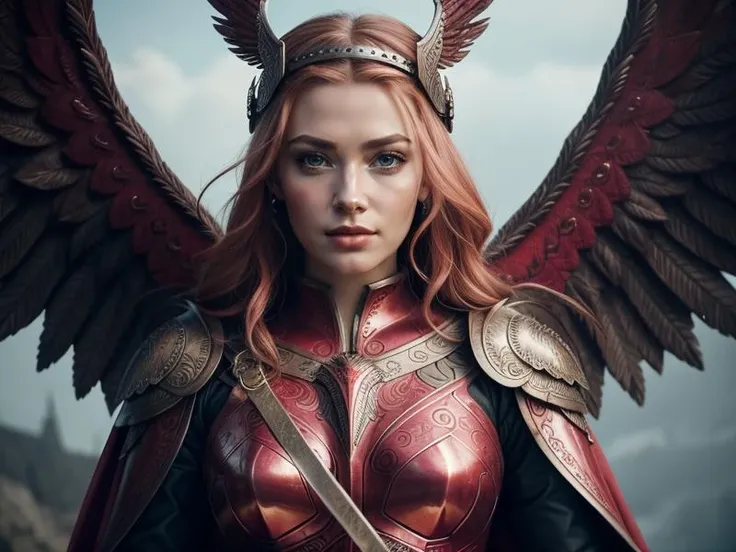 Epic close-up portrait of a beautiful valkyrie, red cape with wings, intricate details, dark metal armour, atmospheric, cinematic lighting, ultra realistic, majestic, realism, romantic pastel colors, charming, hyper-detailed, 4k,