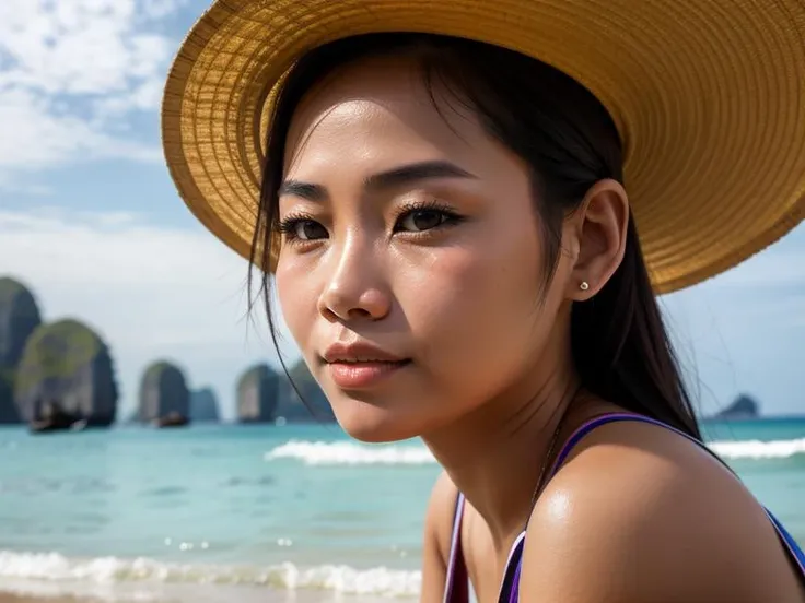 thai woman in a beach, close-up,