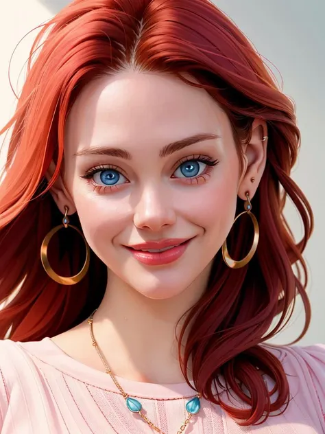 Realistic photo of a beautiful m41tl4ndw woman,  1girl, solo, long hair, looking at viewer, smile, blue eyes, jewelry, red hair, earrings, necklace, lips, portrait, realistic, soft lighting, professional Photography, Photorealistic, detailed, RAW, analog, sharp focus, 8k, HD, high quality, masterpiece<lora:m41tl4ndw:1.0>