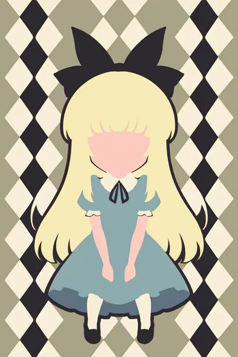chibi, 1girl, solo, yellow hair, aliceinwonderlandoutfit, <lora:alice_in_wonderland_outfit-base-anylora-v1-1-1-000019_1_BiiIiMoOOo_WOF:0.8>, anime minimalist, <lora:anime_minimalist_v1:0.8>, <lora:faceless_style_v1.0:1.5>, argyle background, pastel colors background