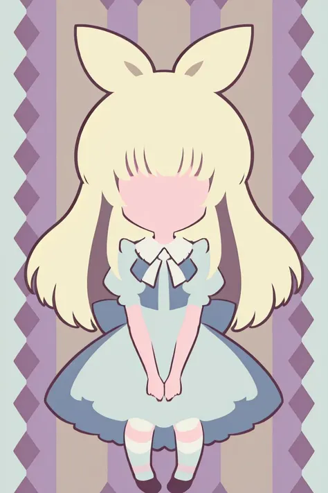 chibi, 1girl, solo, ash blonde hair, aliceinwonderlandoutfit, striped socks, <lora:alice_in_wonderland_outfit-base-anylora-v1-1-1-000019_1_BiiIiMoOOo_WOF:0.8>, anime minimalist, <lora:anime_minimalist_v1:0.8>, <lora:faceless_style_v1.0:1.5>, argyle background, pastel colors background