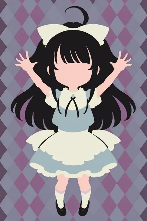 chibi, 1girl, solo, active pose, black hair, streaked hair, aliceinwonderlandoutfit, striped socks, <lora:alice_in_wonderland_outfit-base-anylora-v1-1-1-000019_1_BiiIiMoOOo_WOF:0.8>, anime minimalist, <lora:anime_minimalist_v1:0.8>, <lora:faceless_style_v1.0:1.5>, argyle background, pastel colors theme