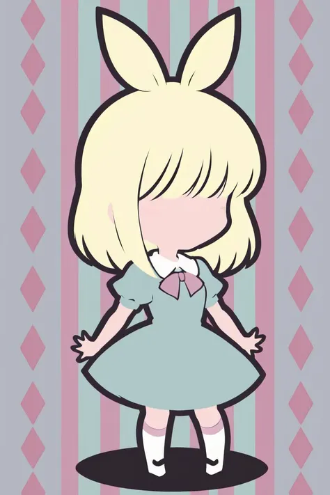 chibi, 1girl, solo, dynamic pose, platinum blonde hair, aliceinwonderlandoutfit, striped socks, <lora:alice_in_wonderland_outfit-base-anylora-v1-1-1-000019_1_BiiIiMoOOo_WOF:0.8>, anime minimalist, <lora:anime_minimalist_v1:0.8>, <lora:faceless_style_v1.0:1.5>, argyle background, pastel colors background