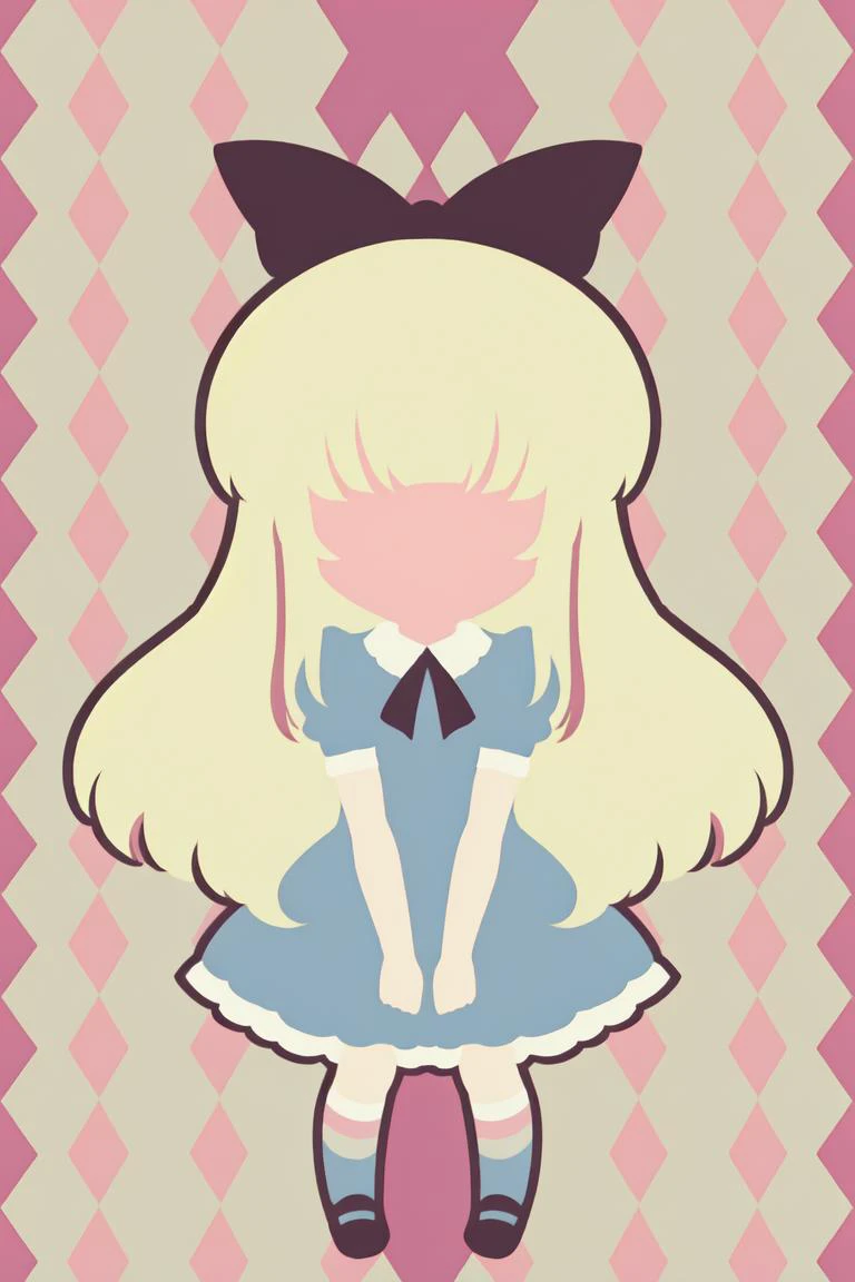chibi, 1girl, solo, dirty blonde hair, streaked hair, aliceinwonderlandoutfit, striped socks, <lora:alice_in_wonderland_outfit-base-anylora-v1-1-1-000019_1_BiiIiMoOOo_WOF:0.8>, anime minimalist, <lora:anime_minimalist_v1:0.8>, <lora:faceless_style_v1.0:1.5>, argyle background, pastel colors background