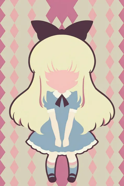 chibi, 1girl, solo, dirty blonde hair, streaked hair, aliceinwonderlandoutfit, striped socks, <lora:alice_in_wonderland_outfit-base-anylora-v1-1-1-000019_1_BiiIiMoOOo_WOF:0.8>, anime minimalist, <lora:anime_minimalist_v1:0.8>, <lora:faceless_style_v1.0:1.5>, argyle background, pastel colors background