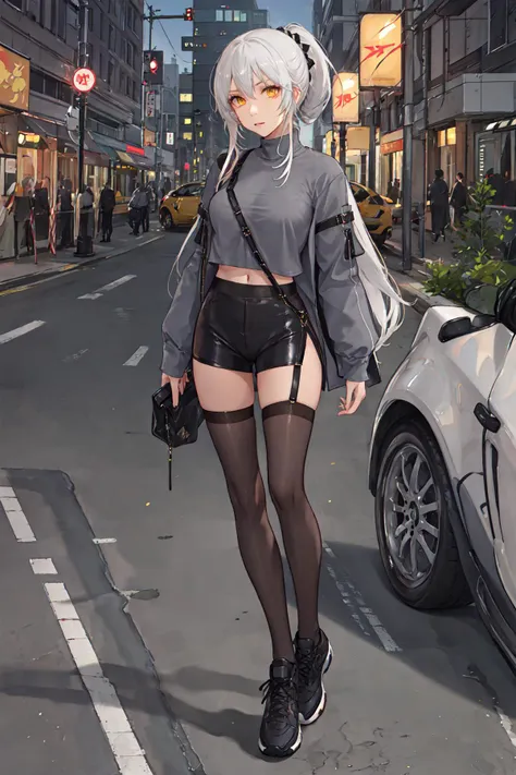 best quality,ultra high res,1girl,solo,full body,city,street,night,
white hair,yellow eyes,fashion,contemporary,grey oversized shirt,high ponytail,black thighhighs,black sneakers,