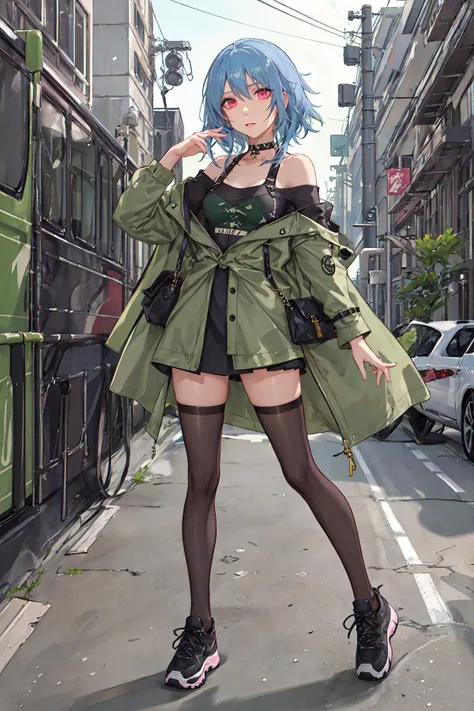 best quality,ultra high res,1girl,solo,full body,city,street,night,
blue hair,pink eyes,fashion,off shoulder,black thighhighs,bottomless,green oversized coat,black sneakers,