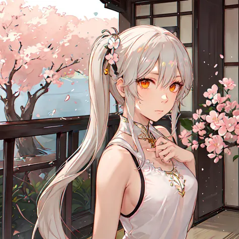 best quality,ultra high res,1girl,solo,upper body,sunlight,cherry blossoms,east asian architecture,
tsurime,Lifting eye angle,long eyelashes,medium breasts,expressionless,closed mouth,
white hair,orange eyes,white sleeveless shirt,side ponytail,